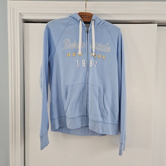 Aeropostale 1987 Full Zip Hoodie Light Blue Sweatshirt Size Large - Picture 1 of 8